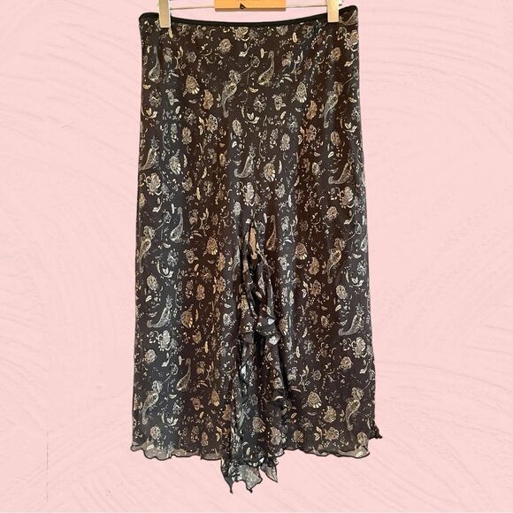 Vintage 90s brown paisley skirt lettuce hem ruffled - Picture 5 of 13